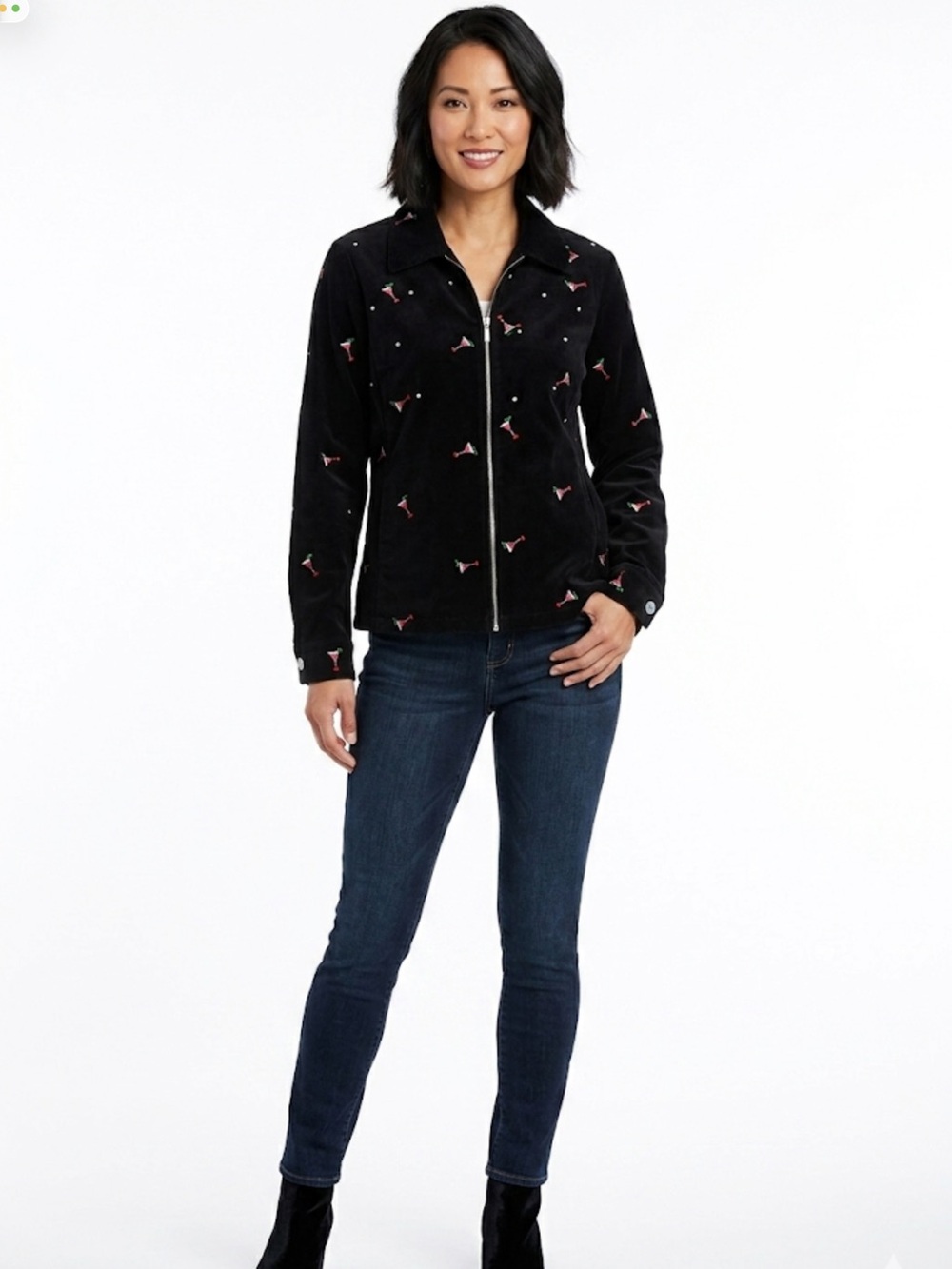 Quacker Factory Holiday Martini Glass Rhinestone Embroidered Zip Jacket - Size S